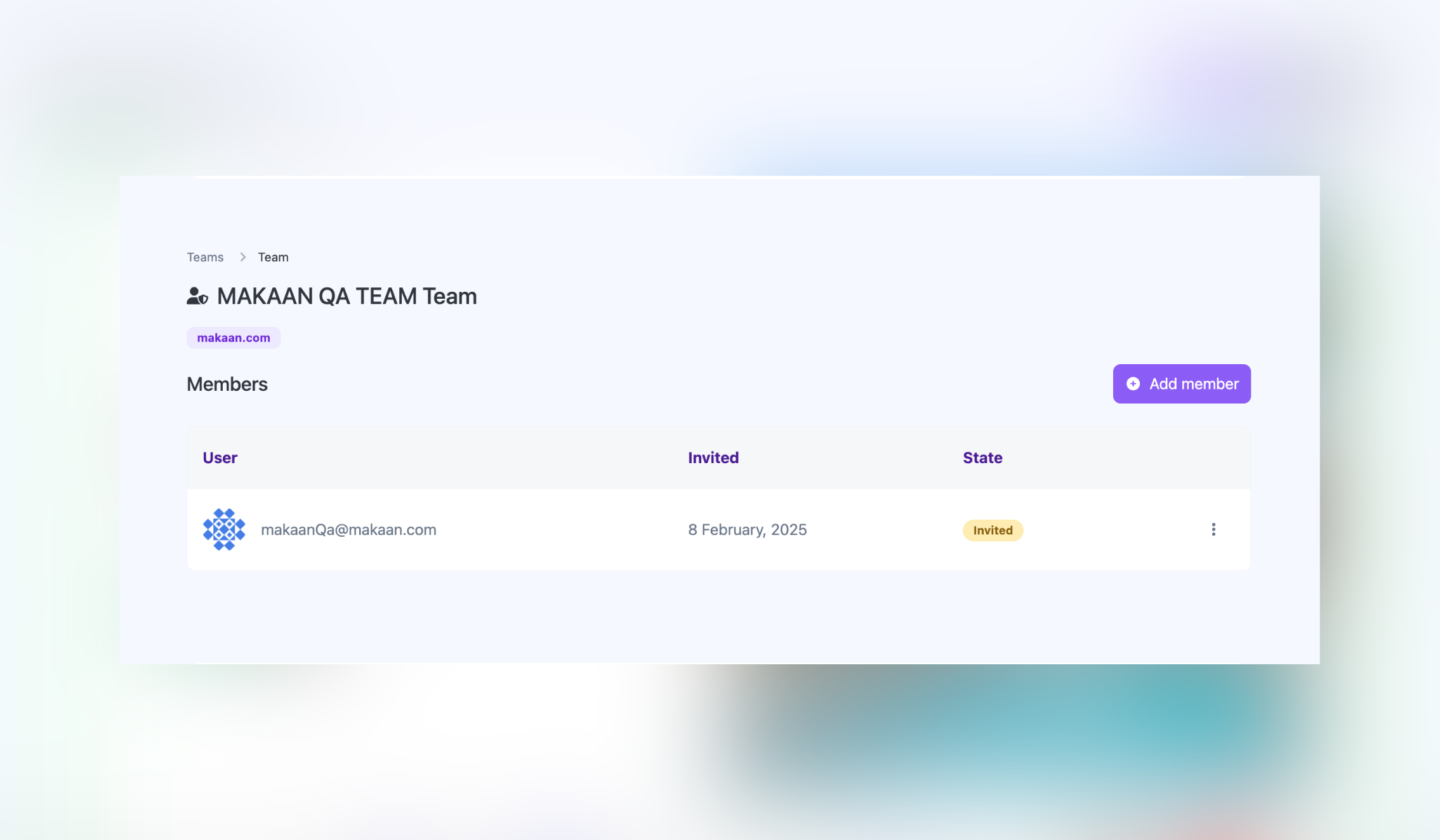 Screenshot of the app teams page